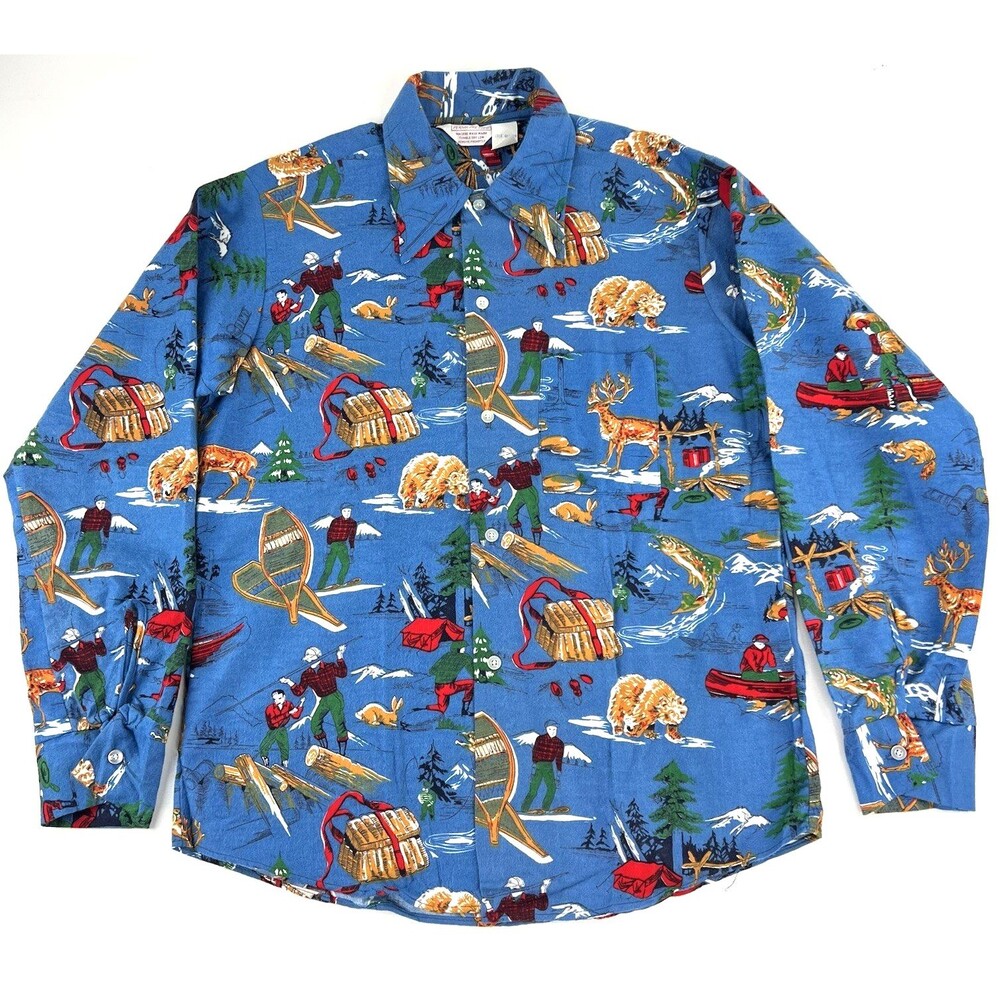 VTG Perma Pressed Outdoorsman Novelty Button Up Chamois Shirt Blue Mens Large